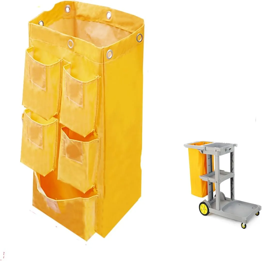 Replacement Janitorial Cart Bag with 5 Pockets,25 Gallon Housekeeping cart Bag High Capacity Waterproof Thickened Commercial Janitorial Cleaning Cart Bag with 6 Brass Grommets (Yellow with 5 Pockets)