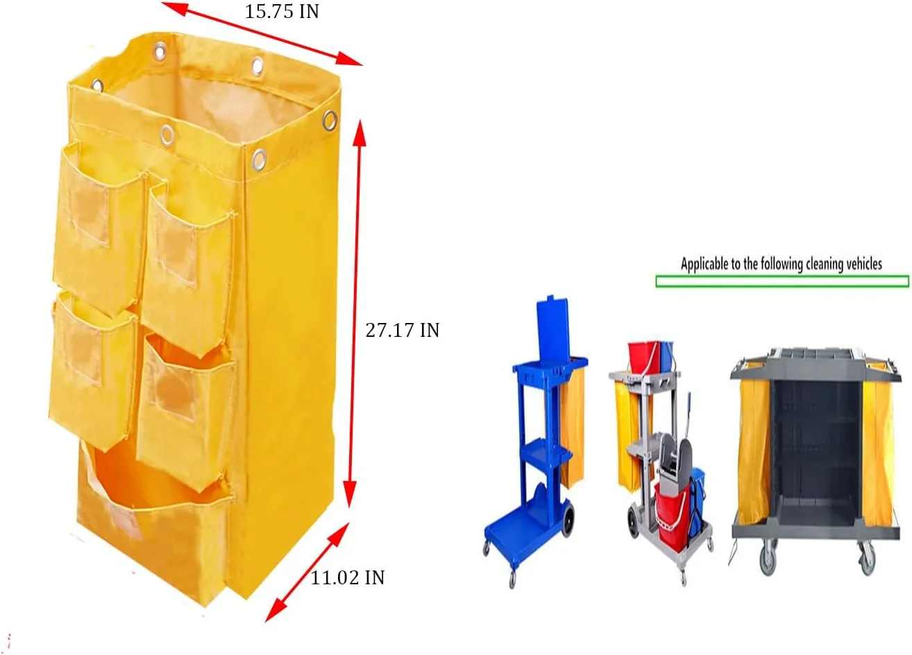 Replacement Janitorial Cart Bag with 5 Pockets,25 Gallon Housekeeping cart Bag High Capacity Waterproof Thickened Commercial Janitorial Cleaning Cart Bag with 6 Brass Grommets (Yellow with 5 Pockets)