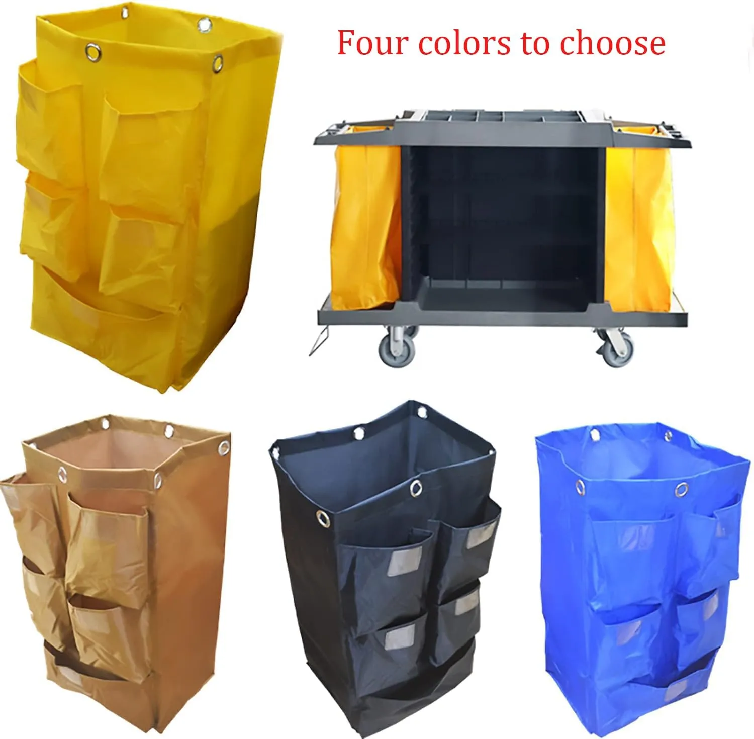 Replacement Janitorial Cart Bag with 5 Pockets,25 Gallon Housekeeping cart Bag High Capacity Waterproof Thickened Commercial Janitorial Cleaning Cart Bag with 6 Brass Grommets (Yellow with 5 Pockets)