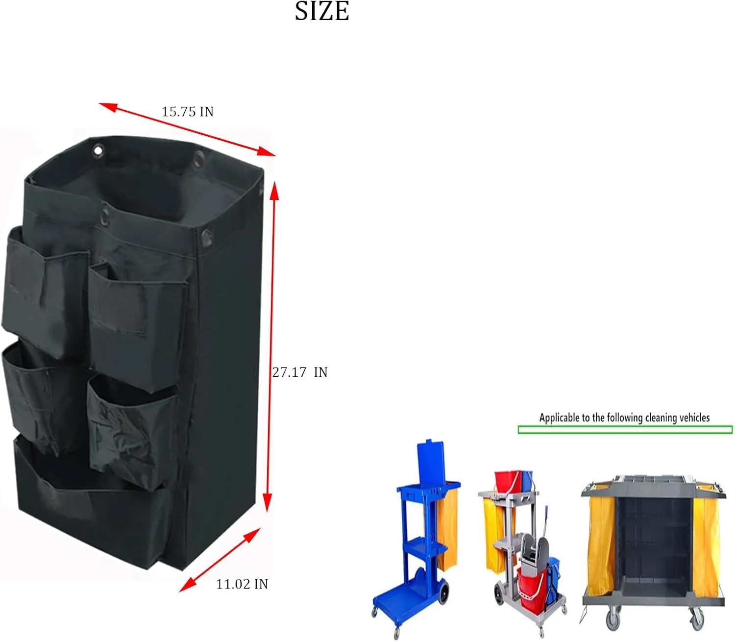 Replacement Janitorial Cart Bag with 5 Pockets,25 Gallon Housekeeping cart Bag High Capacity Waterproof Thickened Commercial Janitorial Cleaning Cart Bag with 6 Brass Grommets