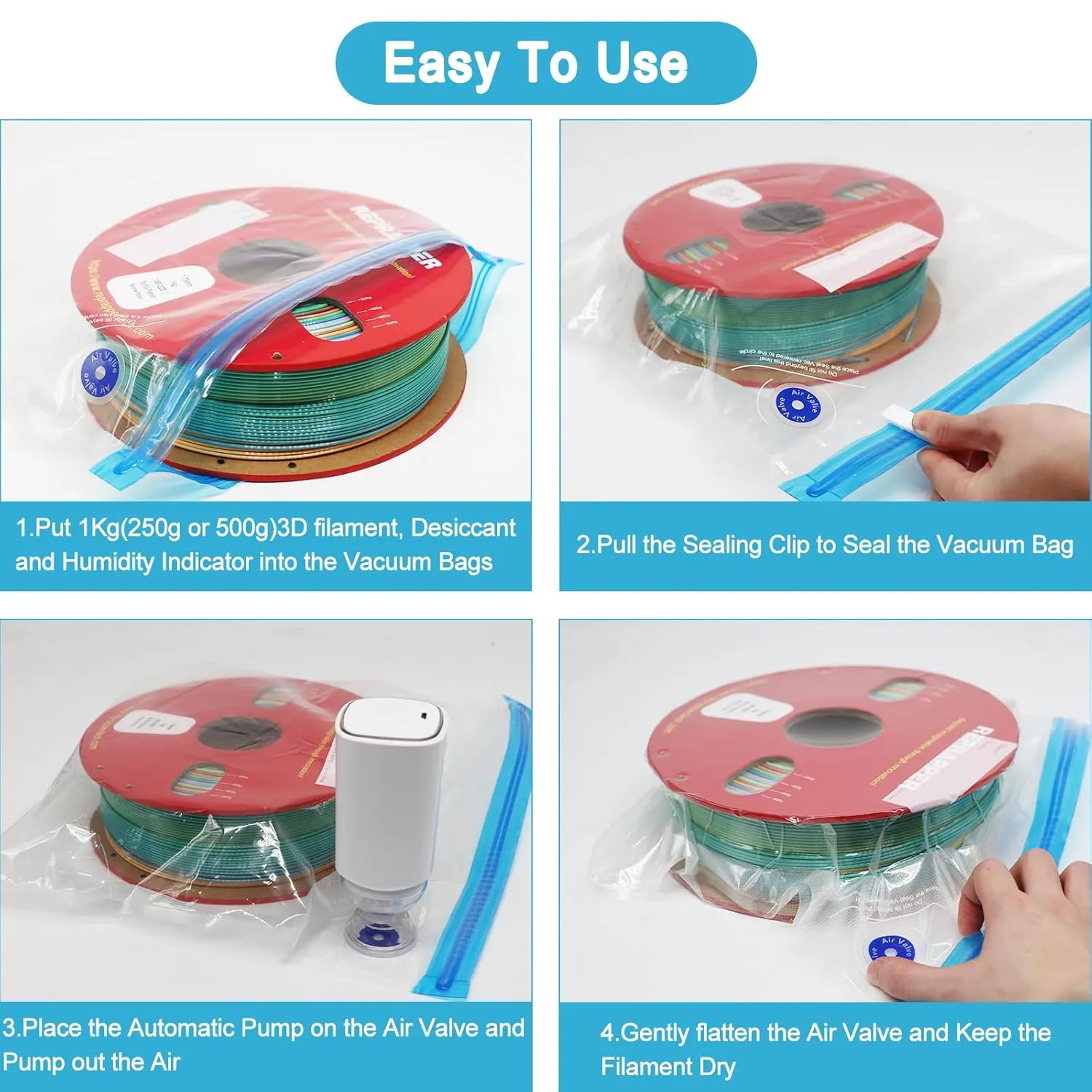RepRapper Filament Storage Bag Vacuum, Drying Sealed 16 Cleaning Bags with Two Sizes for 3D Printer Filament with Automatic Pumps/Humidity Indicator Cards/Clips/Desiccants