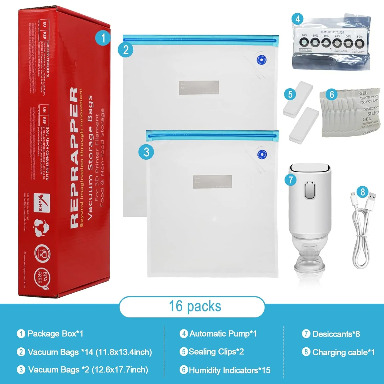RepRapper Filament Storage Bag Vacuum, Drying Sealed 16 Cleaning Bags with Two Sizes for 3D Printer Filament with Automatic Pumps/Humidity Indicator Cards/Clips/Desiccants
