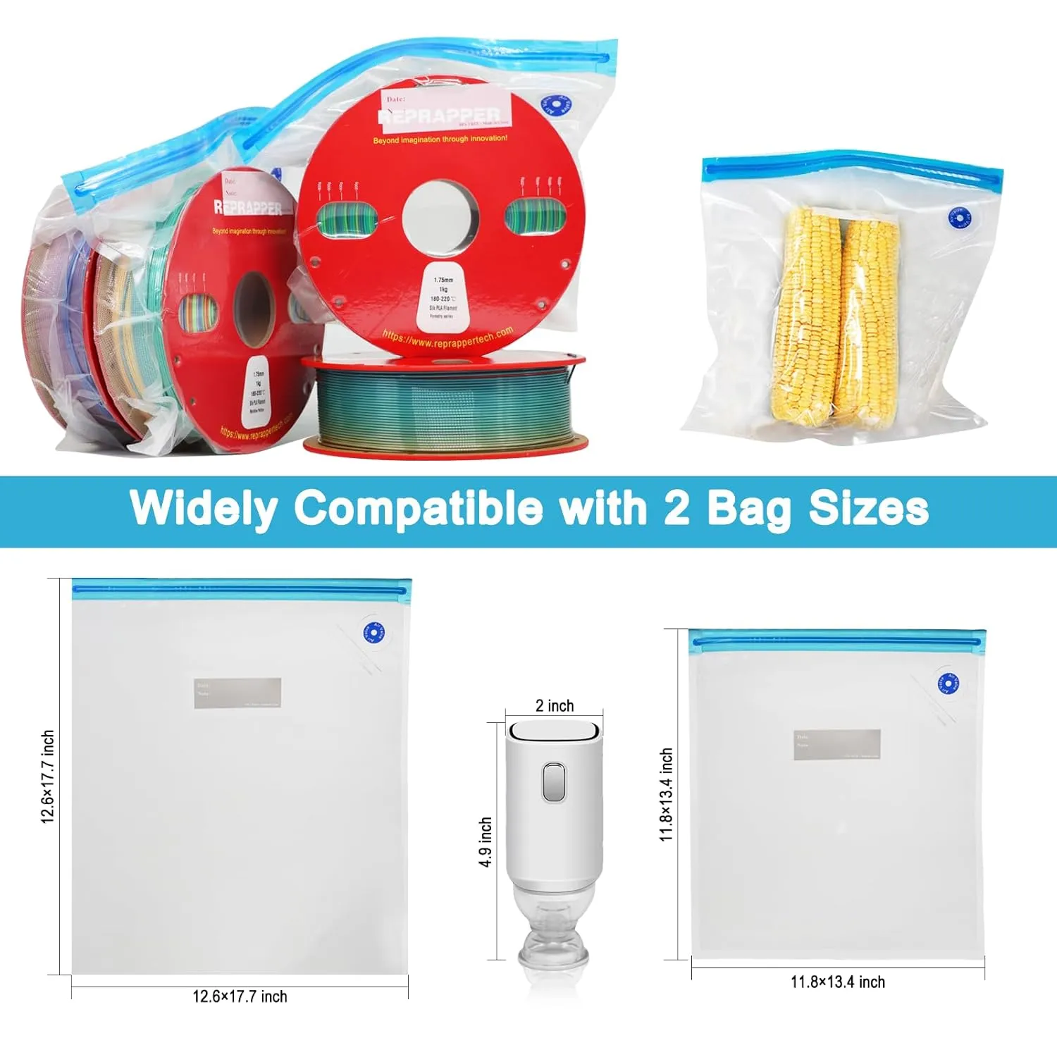 RepRapper Filament Storage Bag Vacuum, Drying Sealed 16 Cleaning Bags with Two Sizes for 3D Printer Filament with Automatic Pumps/Humidity Indicator Cards/Clips/Desiccants