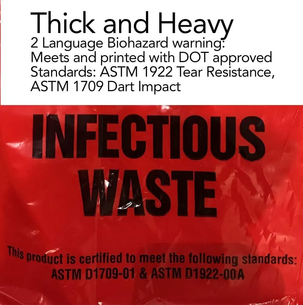 Resilia Medical - Biohazard Bags - Hazardous Waste Disposal, Meets DOT ASTM Standards for Hospital Use, OSHA Approved, Red, 25 Gallon, 30" W x 36" L, 1.35 Mil, 0.00135 Inch, 25 Bags