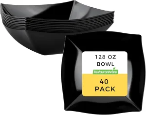 Restaurantware Moderna 128 Ounce Fancy Plastic Bowls 40 Square Disposable Salad Bowls - Durable Heavy-duty Black Plastic Bowls For Warm And Cold Foods