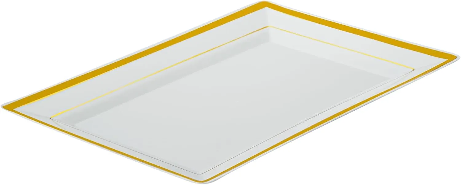 Restaurantware Moderna 9.5 x 6.3 Inch Premium Disposable Plates 100 Rectangular Plastic Plates For Parties - Gold-Rimmed Durable White Plastic Dinner Plates For Warm And Cold Foods