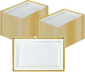 Restaurantware Moderna 9.5 x 6.3 Inch Premium Disposable Plates 100 Rectangular Plastic Plates For Parties - Gold-Rimmed Durable White Plastic Dinner Plates For Warm And Cold Foods