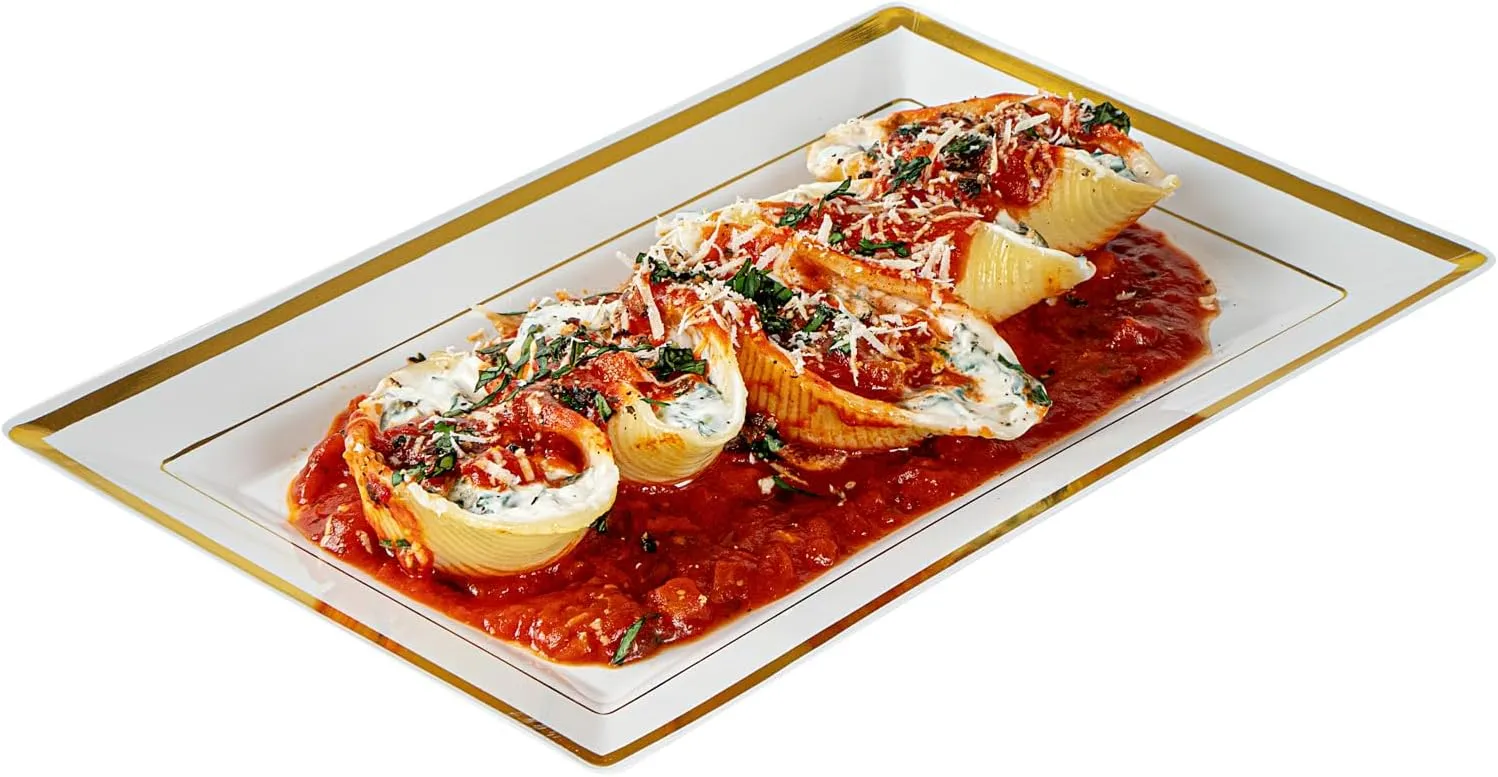 Restaurantware Moderna 9.5 x 6.3 Inch Premium Disposable Plates 100 Rectangular Plastic Plates For Parties - Gold-Rimmed Durable White Plastic Dinner Plates For Warm And Cold Foods