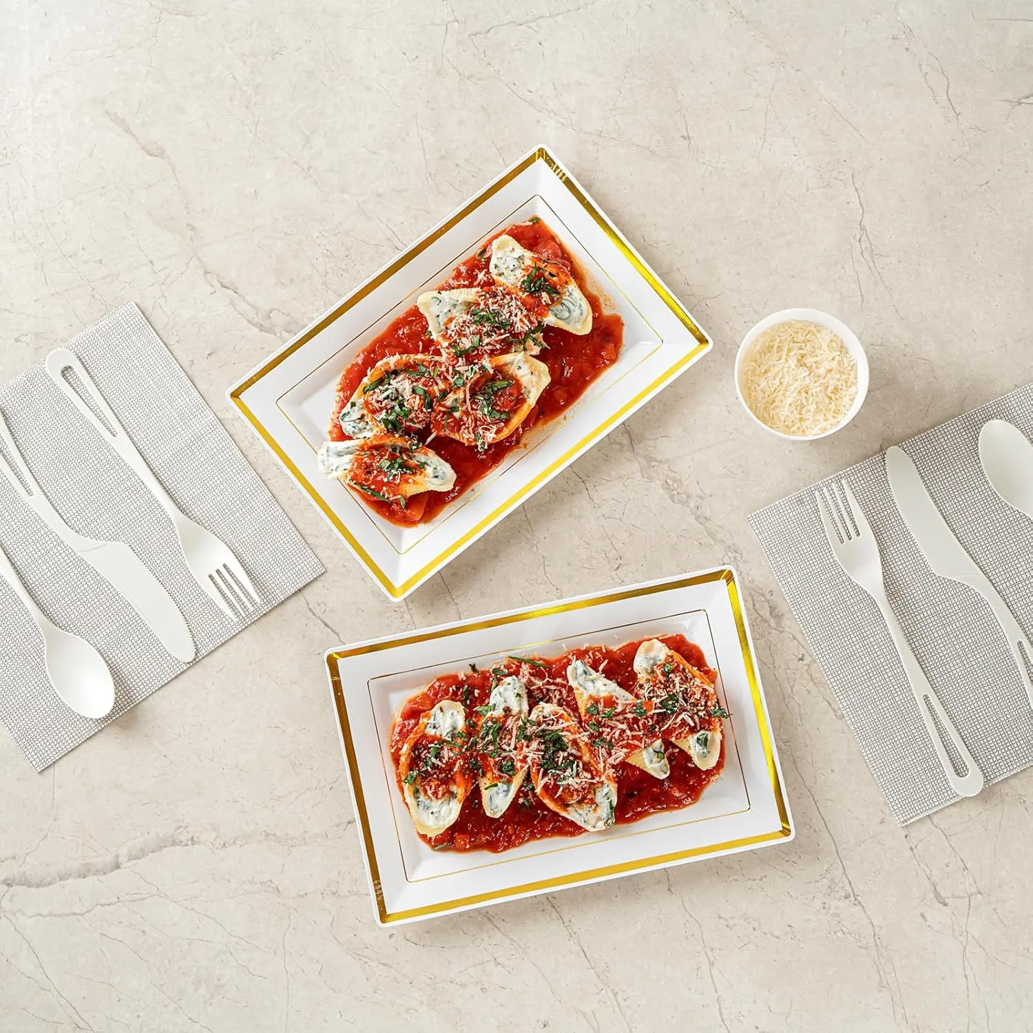 Restaurantware Moderna 9.5 x 6.3 Inch Premium Disposable Plates 100 Rectangular Plastic Plates For Parties - Gold-Rimmed Durable White Plastic Dinner Plates For Warm And Cold Foods