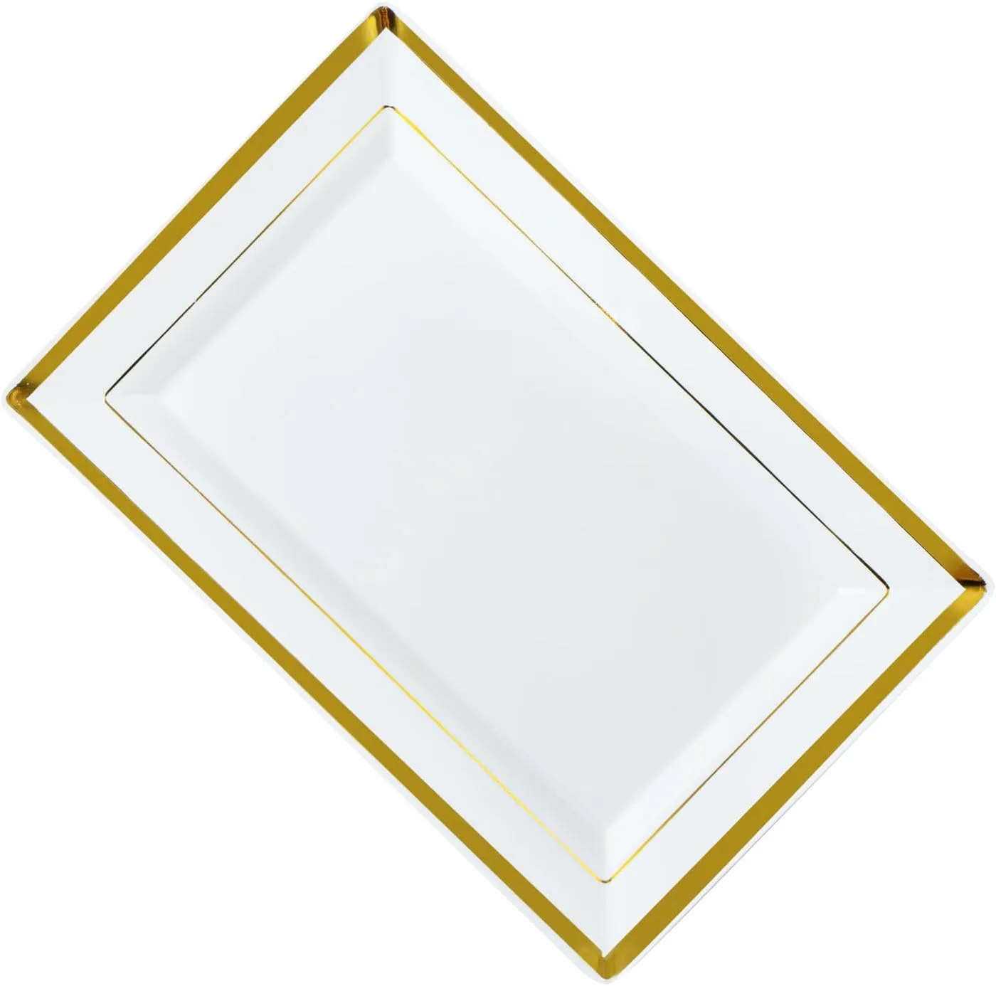 Restaurantware Moderna 9.5 x 6.3 Inch Premium Disposable Plates 100 Rectangular Plastic Plates For Parties - Gold-Rimmed Durable White Plastic Dinner Plates For Warm And Cold Foods