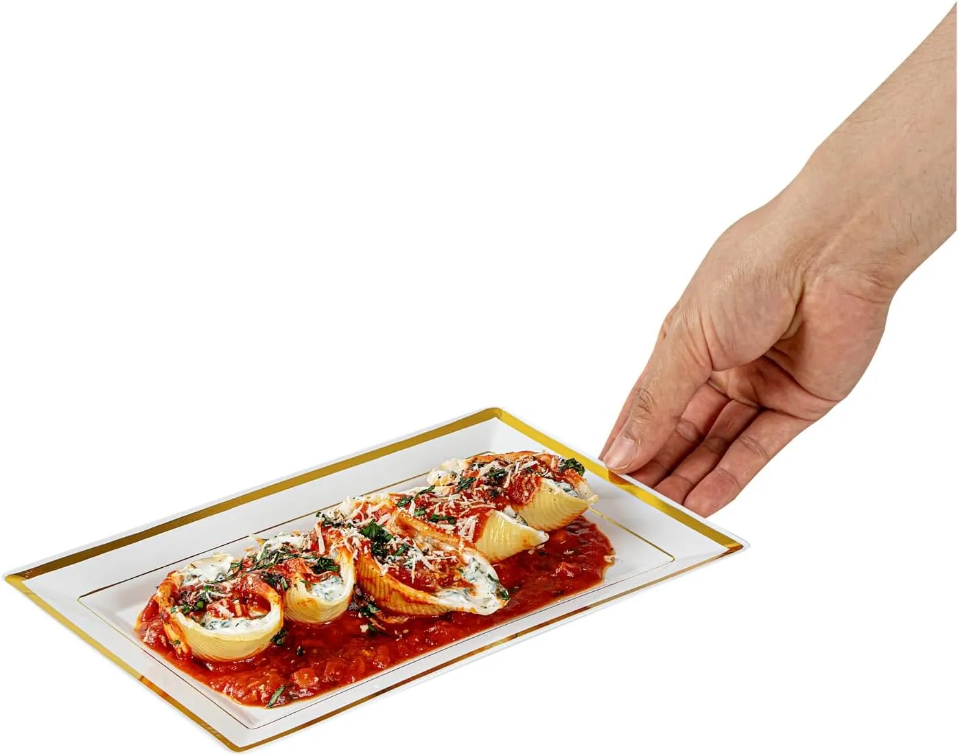 Restaurantware Moderna 9.5 x 6.3 Inch Premium Disposable Plates 100 Rectangular Plastic Plates For Parties - Gold-Rimmed Durable White Plastic Dinner Plates For Warm And Cold Foods