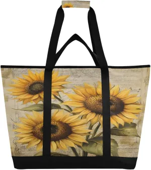 Retro Sunflower Reusable Insulated Lunchbox Cooler Bag, Leakproof Kitchen Grocery Bag Collapsible Portable Cooler Tote Bag for Picnic, Camping, Office, Travel