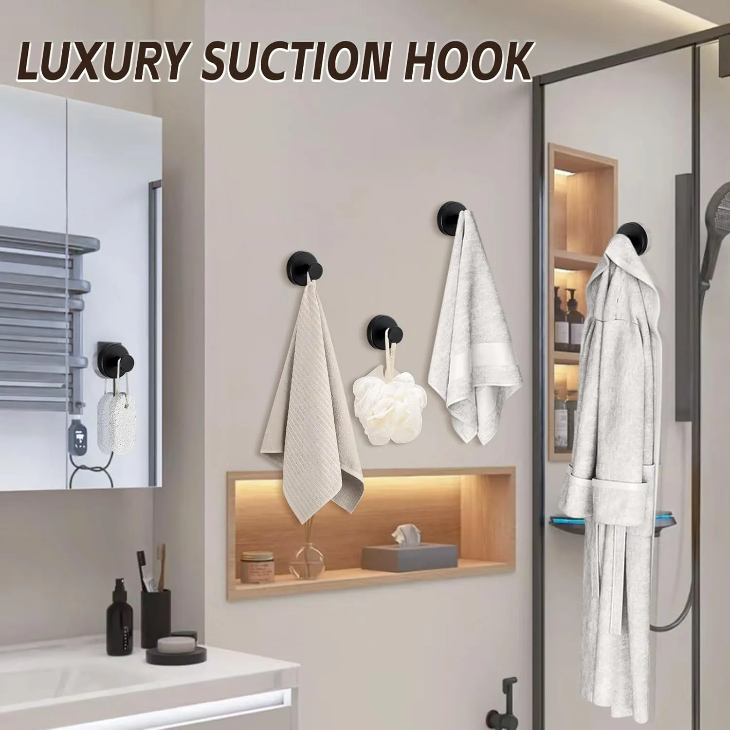 Reusable Heavy Duty Suction Cup Hooks for Kitchen/Bathroom/Shower - Wet-Proof Hooks for Towels, Robes, Loofah&Wreaths/No Drill Mounting on Glass, Tile, Metal (2, Matte Black)