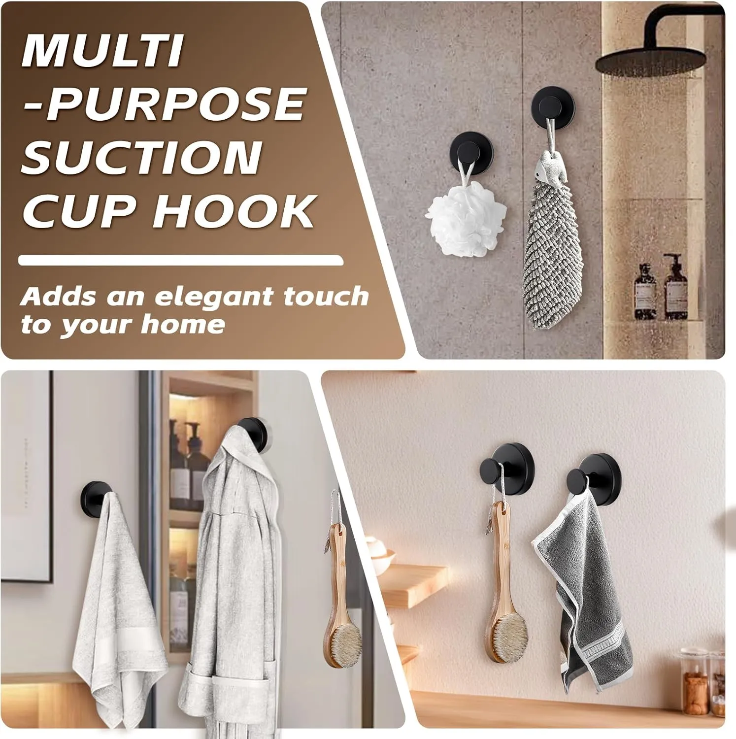 Reusable Heavy Duty Suction Cup Hooks for Kitchen/Bathroom/Shower - Wet-Proof Hooks for Towels, Robes, Loofah&Wreaths/No Drill Mounting on Glass, Tile, Metal (2, Matte Black)