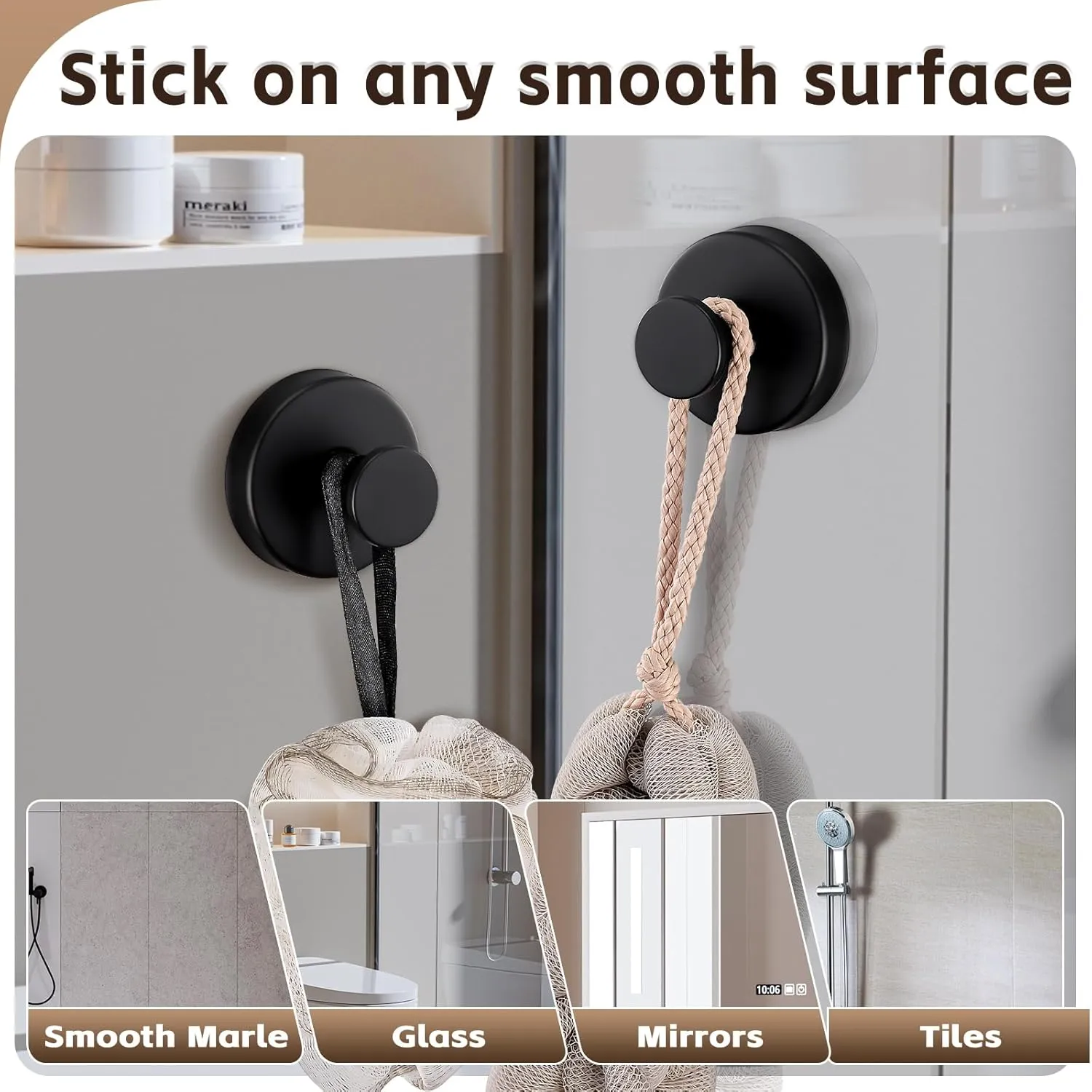 Reusable Heavy Duty Suction Cup Hooks for Kitchen/Bathroom/Shower - Wet-Proof Hooks for Towels, Robes, Loofah&Wreaths/No Drill Mounting on Glass, Tile, Metal (2, Matte Black)