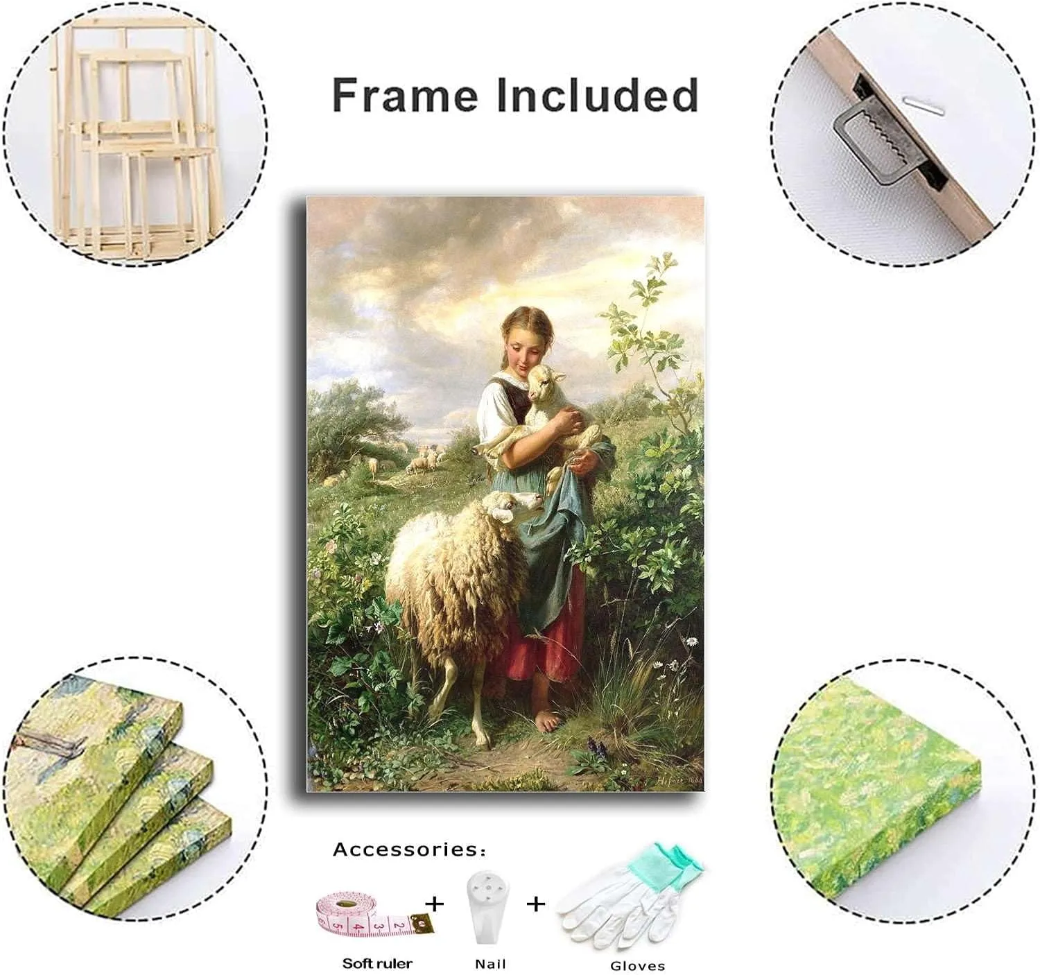 RFVBNPWA Canvas Wall Art Prints The Shepherdess 1866 By Johann Baptist Hofner Print Poster Bathroom and Toilet Washroom Wall Decoration 16x24inch wood Frame