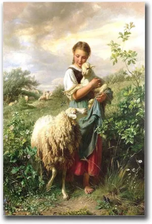 RFVBNPWA Canvas Wall Art Prints The Shepherdess 1866 By Johann Baptist Hofner Print Poster Bathroom and Toilet Washroom Wall Decoration 16x24inch wood Frame