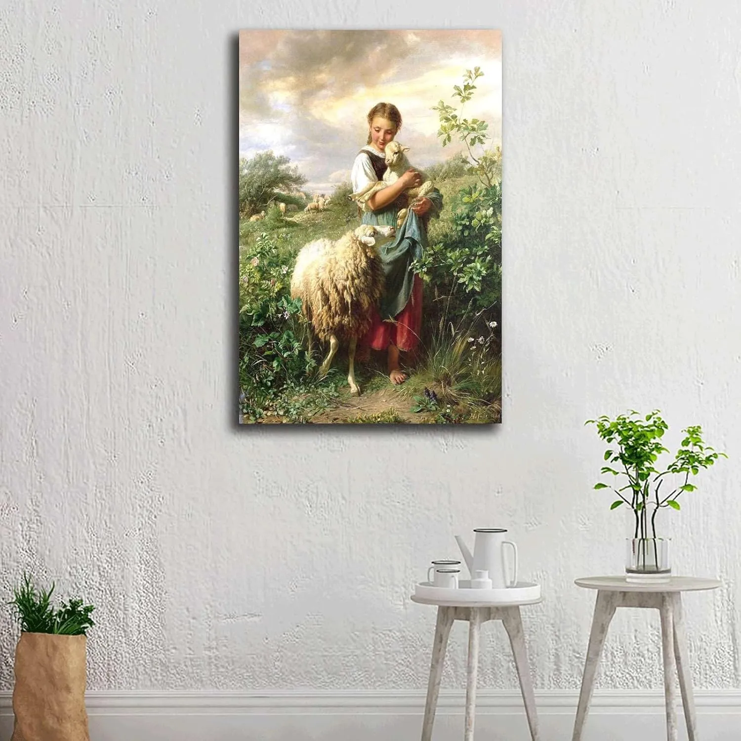 RFVBNPWA Canvas Wall Art Prints The Shepherdess 1866 By Johann Baptist Hofner Print Poster Bathroom and Toilet Washroom Wall Decoration 16x24inch wood Frame