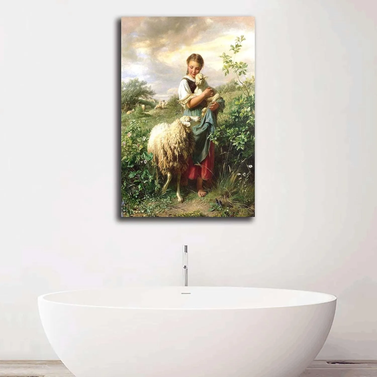 RFVBNPWA Canvas Wall Art Prints The Shepherdess 1866 By Johann Baptist Hofner Print Poster Bathroom and Toilet Washroom Wall Decoration 16x24inch wood Frame