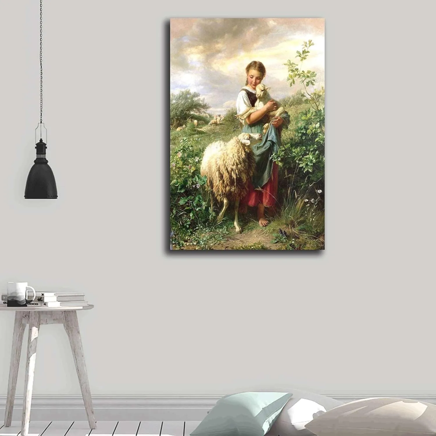 RFVBNPWA Canvas Wall Art Prints The Shepherdess 1866 By Johann Baptist Hofner Print Poster Bathroom and Toilet Washroom Wall Decoration 16x24inch wood Frame