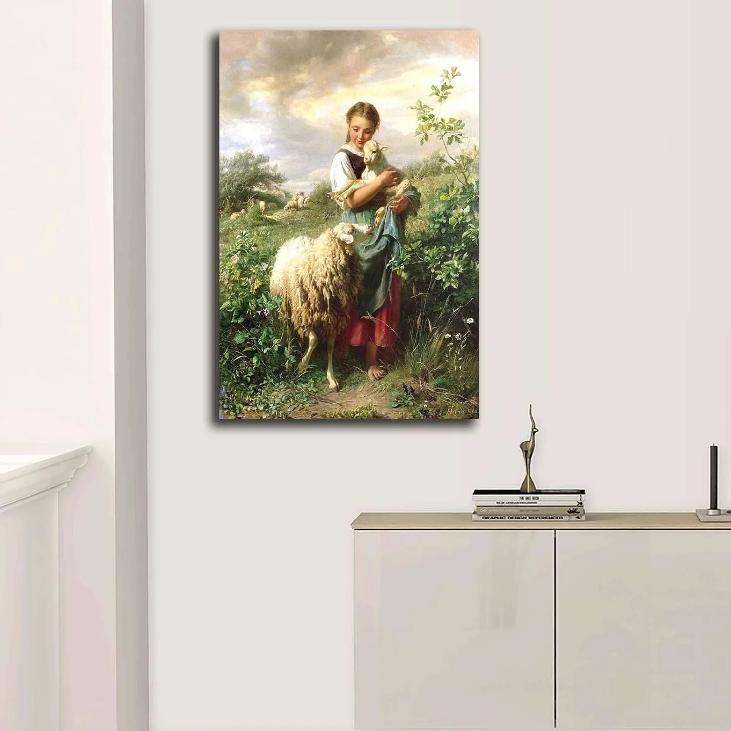 RFVBNPWA Canvas Wall Art Prints The Shepherdess 1866 By Johann Baptist Hofner Print Poster Bathroom and Toilet Washroom Wall Decoration 16x24inch wood Frame