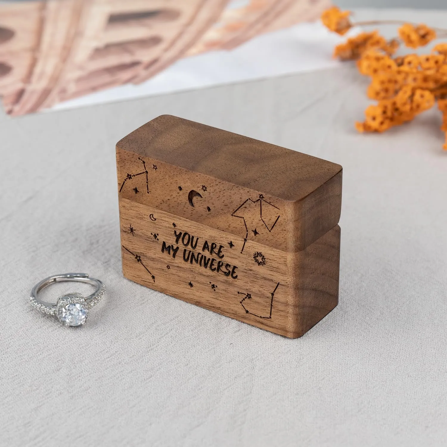 Ring Bearer Box for Wedding Ceremony Engraved Wooden Holder for Little Slim Ring,Pocket Size Secret Ring Case for Proposal Engagement Ideas(You are my universe)
