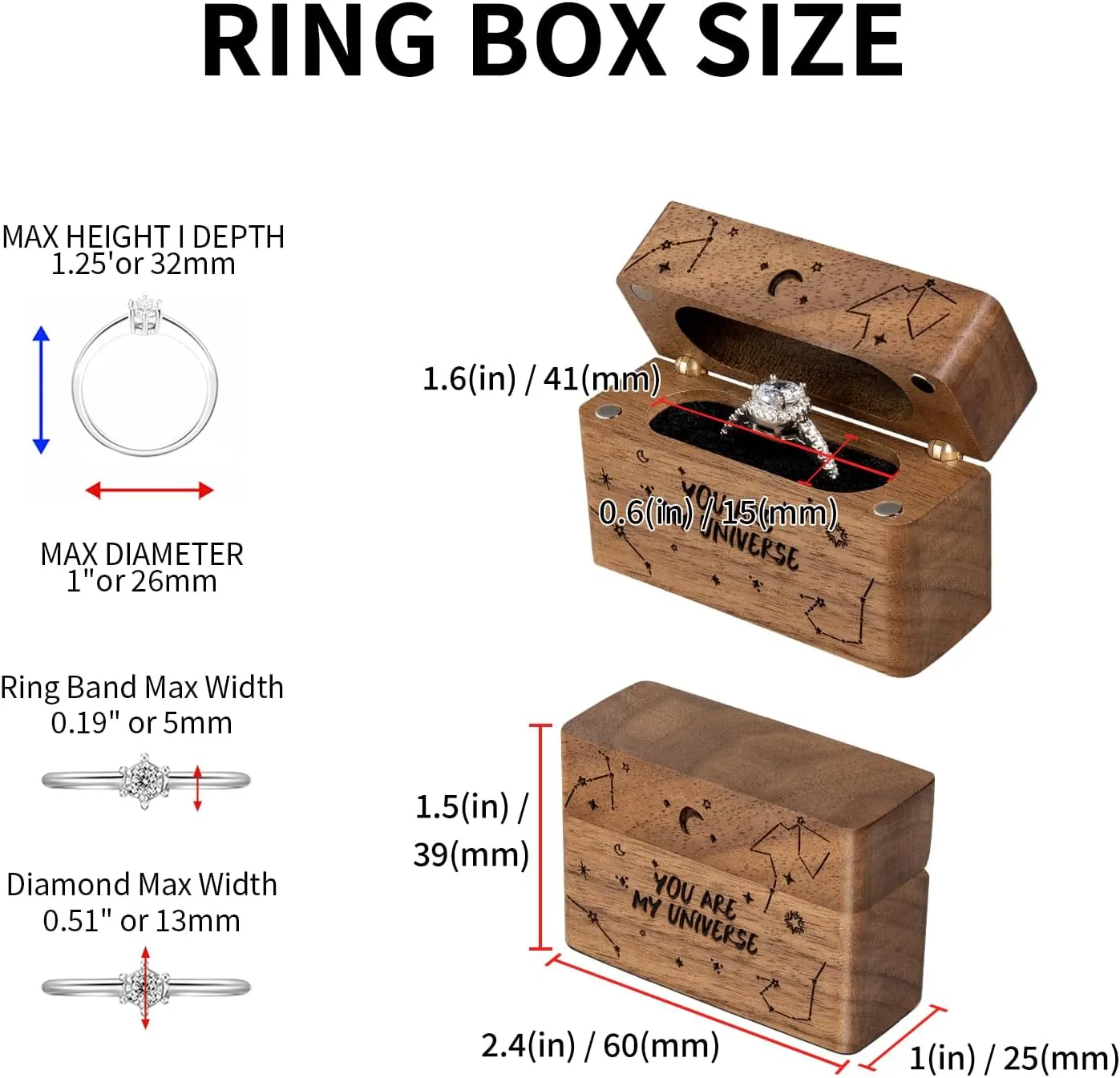 Ring Bearer Box for Wedding Ceremony Engraved Wooden Holder for Little Slim Ring,Pocket Size Secret Ring Case for Proposal Engagement Ideas(You are my universe)