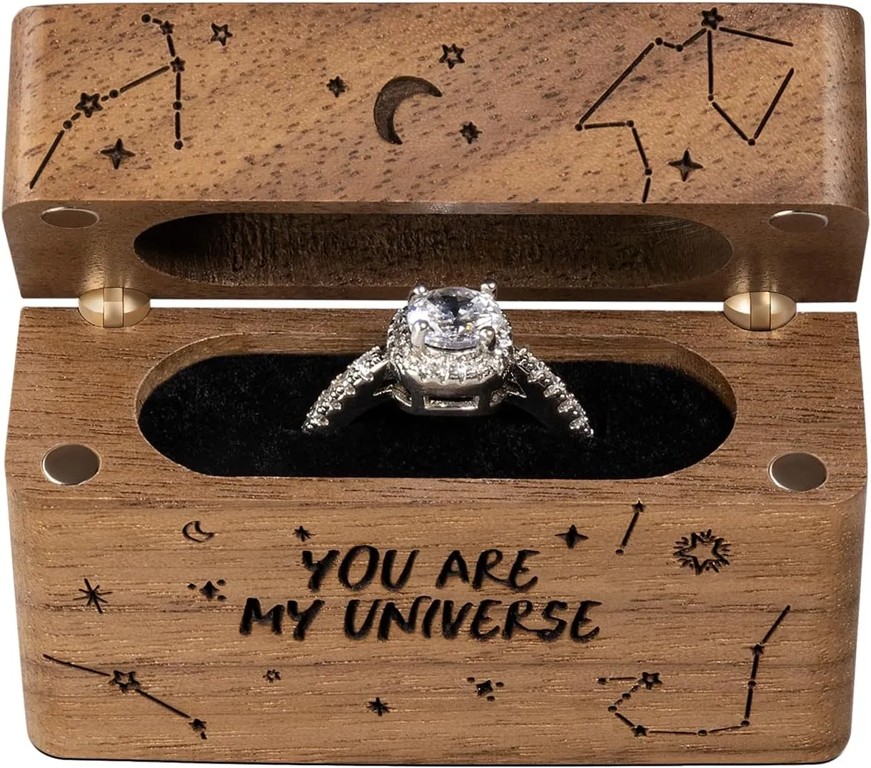 Ring Bearer Box for Wedding Ceremony Engraved Wooden Holder for Little Slim Ring,Pocket Size Secret Ring Case for Proposal Engagement Ideas(You are my universe)
