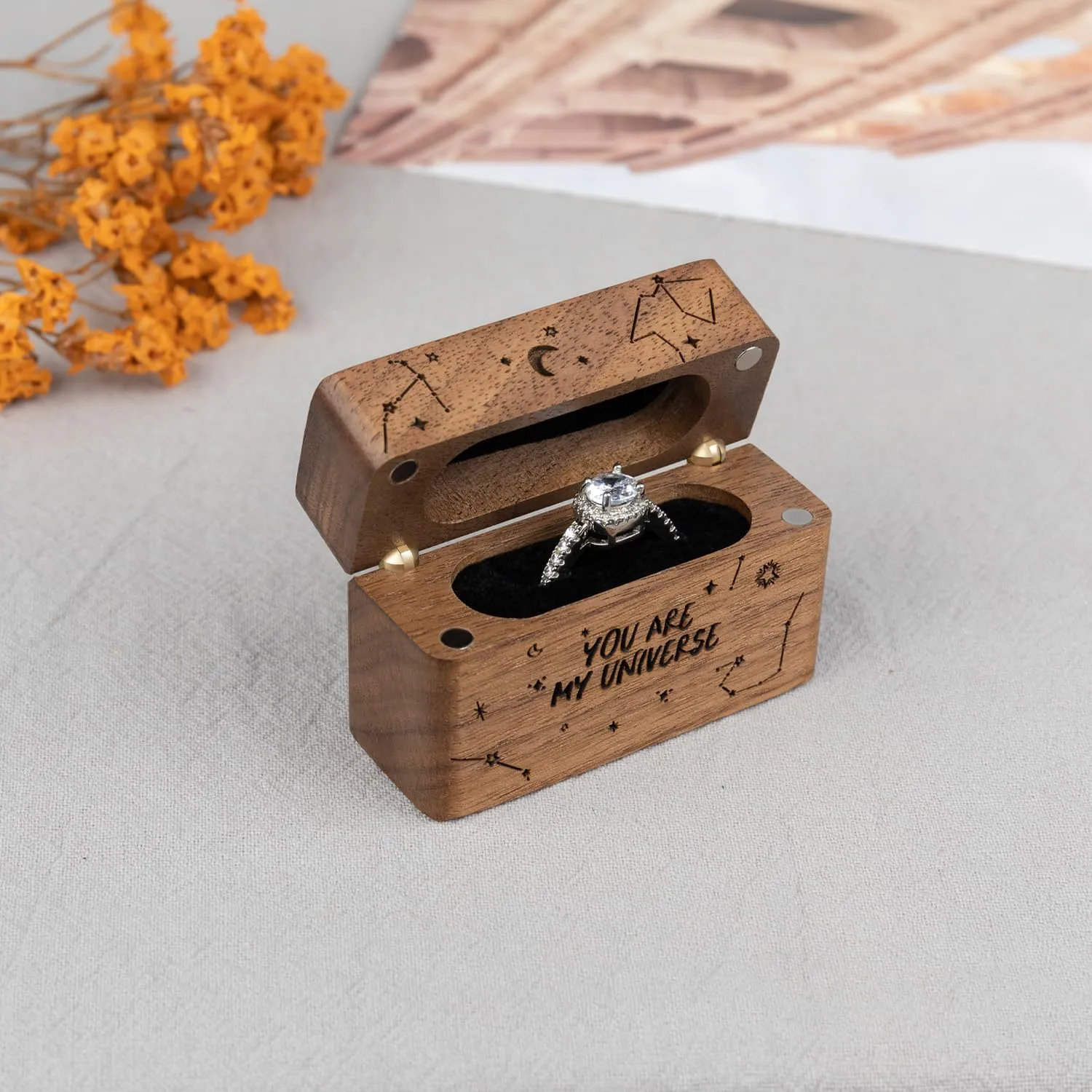 Ring Bearer Box for Wedding Ceremony Engraved Wooden Holder for Little Slim Ring,Pocket Size Secret Ring Case for Proposal Engagement Ideas(You are my universe)