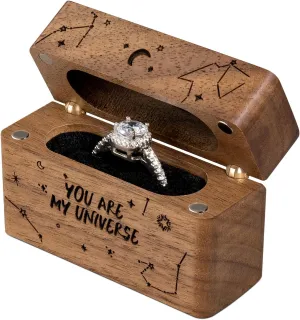 Ring Bearer Box for Wedding Ceremony Engraved Wooden Holder for Little Slim Ring,Pocket Size Secret Ring Case for Proposal Engagement Ideas(You are my universe)
