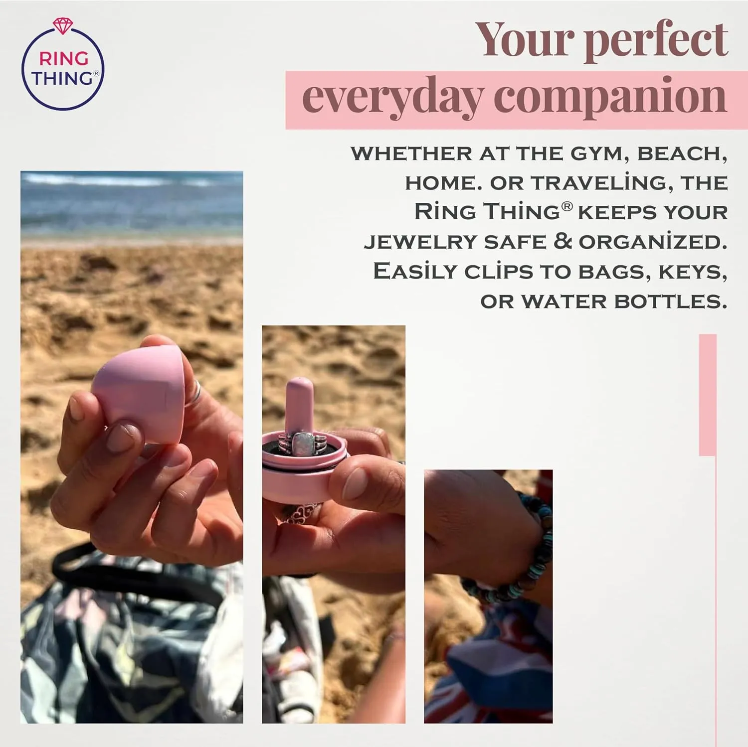 Ring Holder Keychain, Jewelry Organizer and Storage, Portable Waterproof Ring Holder, Pill Box Keychain Container, Gym Accessory, and Travel Ring Case (Desert Pink)