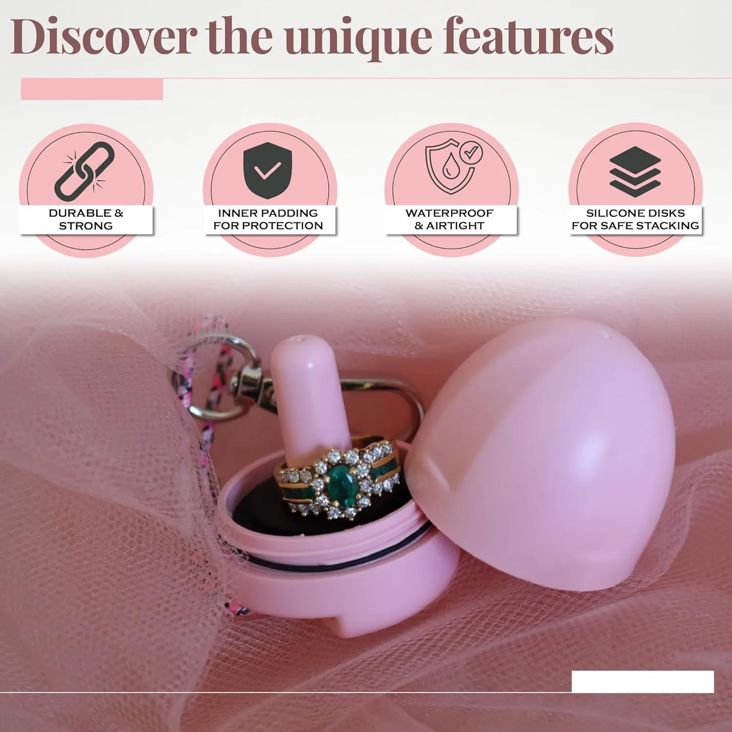 Ring Holder Keychain, Jewelry Organizer and Storage, Portable Waterproof Ring Holder, Pill Box Keychain Container, Gym Accessory, and Travel Ring Case (Desert Pink)