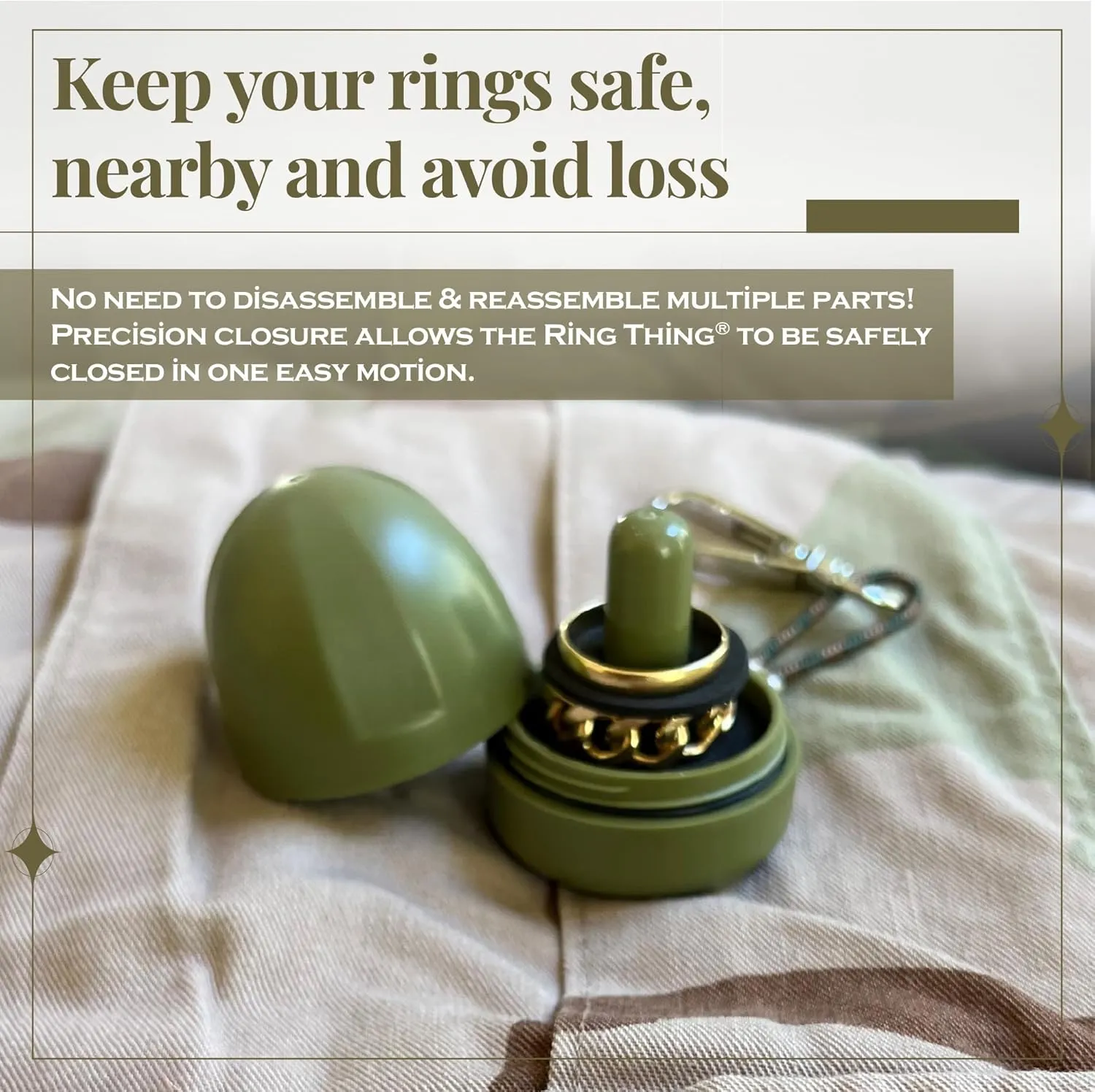 RING THING - Ring Holder Keychain, Jewelry Organizer and Storage, Portable Waterproof Ring Holder, Pill Box Keychain Container, Gym Accessory, and Travel Ring Case (Olive Green)