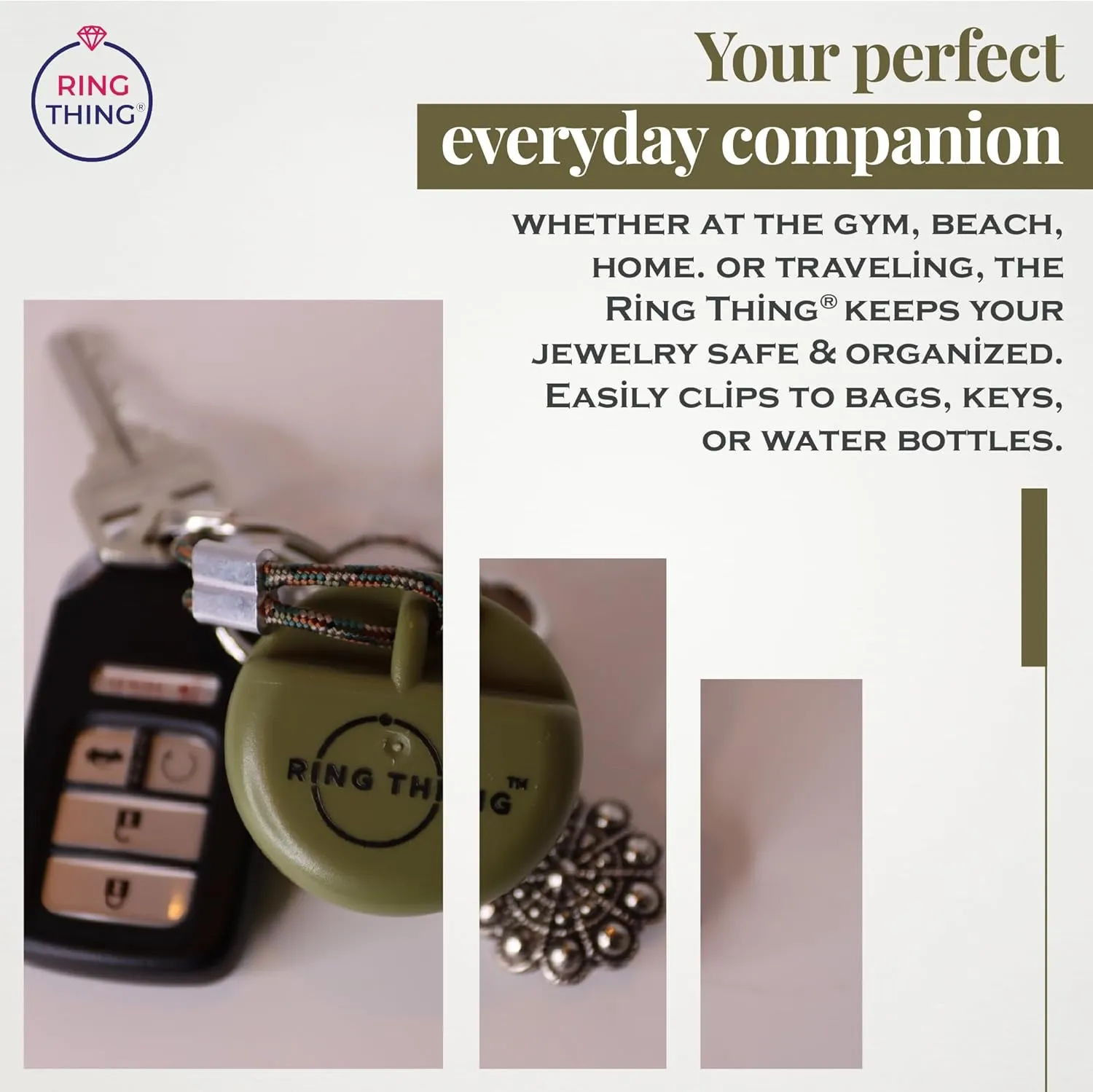 RING THING - Ring Holder Keychain, Jewelry Organizer and Storage, Portable Waterproof Ring Holder, Pill Box Keychain Container, Gym Accessory, and Travel Ring Case (Olive Green)