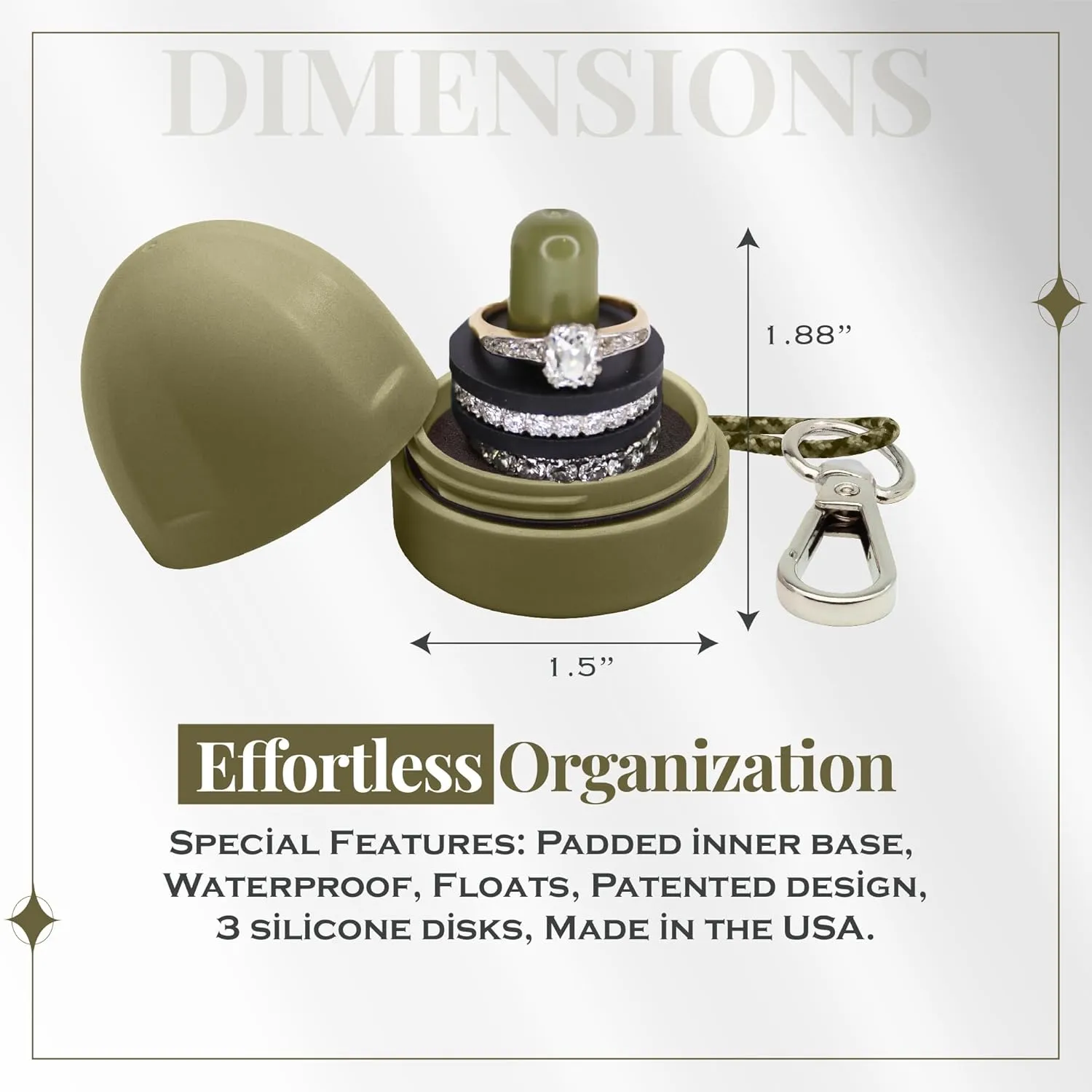 RING THING - Ring Holder Keychain, Jewelry Organizer and Storage, Portable Waterproof Ring Holder, Pill Box Keychain Container, Gym Accessory, and Travel Ring Case (Olive Green)
