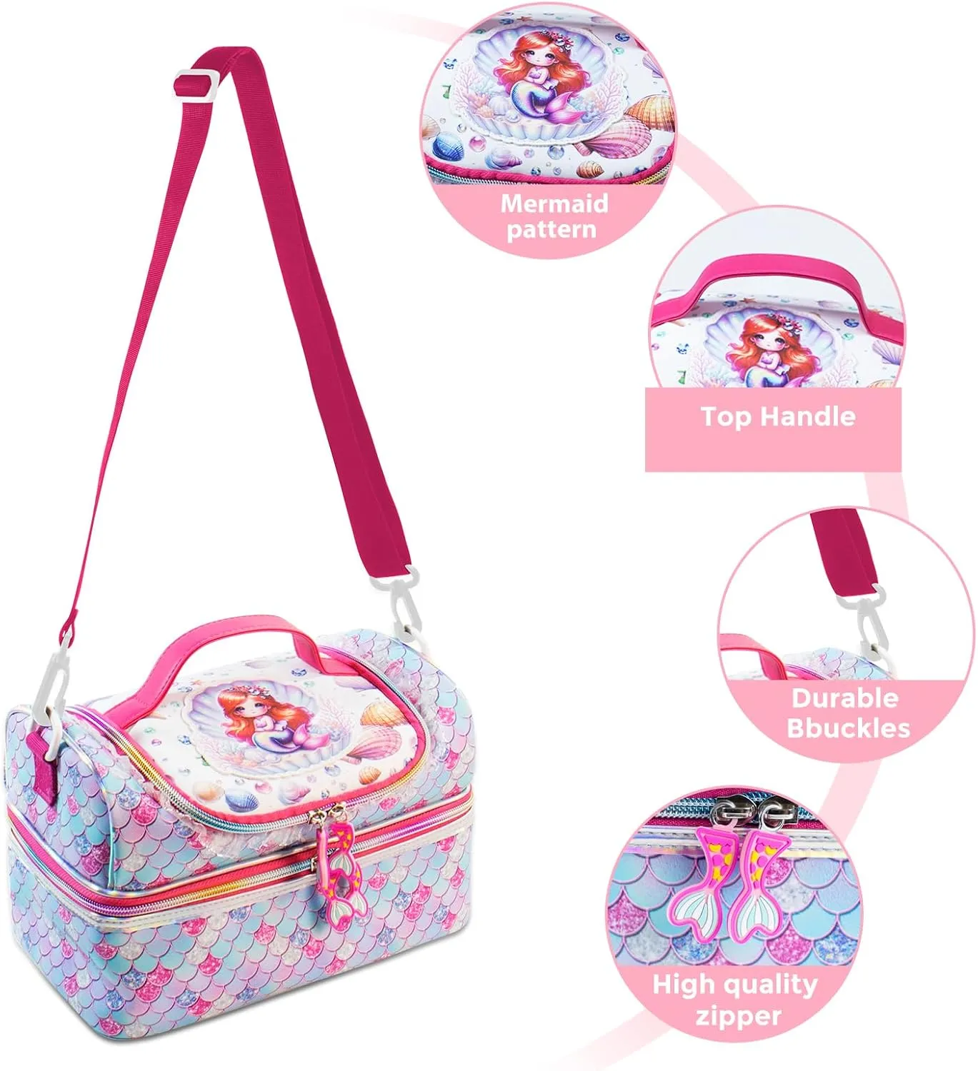 RLGPBON Kids Double Decker Cooler Insulated Lunch Bag, Lunch Box for Girls,Mermaid Lunch Bag Toddler Teen Girls,School Daycare Cute Travel bags