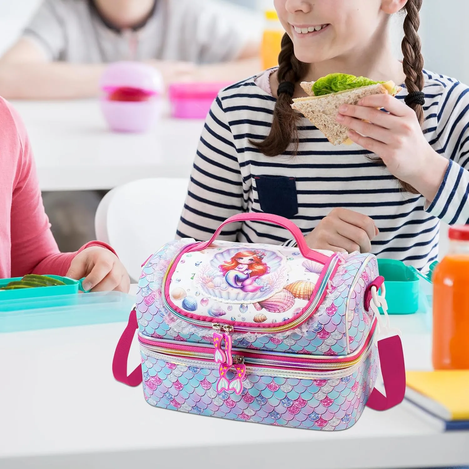 RLGPBON Kids Double Decker Cooler Insulated Lunch Bag, Lunch Box for Girls,Mermaid Lunch Bag Toddler Teen Girls,School Daycare Cute Travel bags