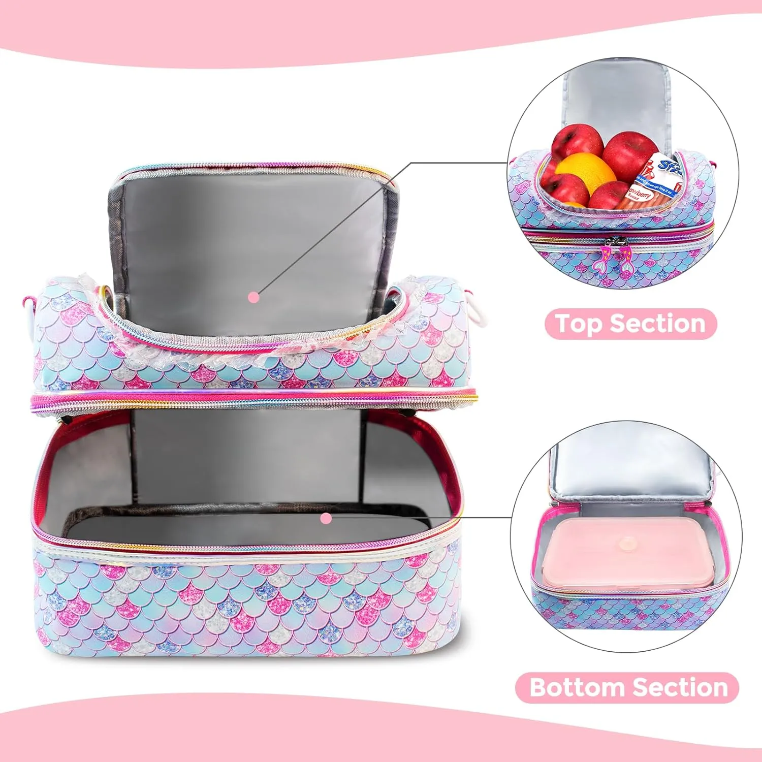 RLGPBON Kids Double Decker Cooler Insulated Lunch Bag, Lunch Box for Girls,Mermaid Lunch Bag Toddler Teen Girls,School Daycare Cute Travel bags