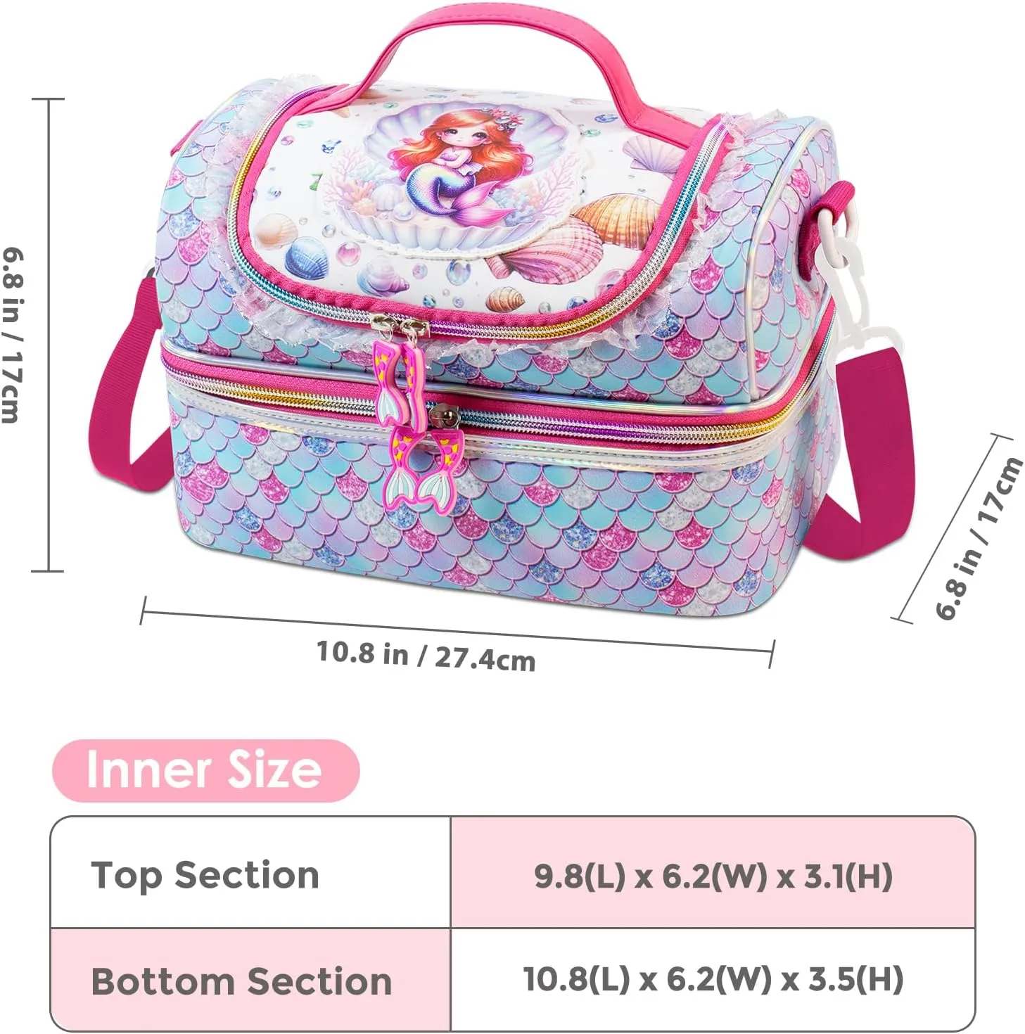 RLGPBON Kids Double Decker Cooler Insulated Lunch Bag, Lunch Box for Girls,Mermaid Lunch Bag Toddler Teen Girls,School Daycare Cute Travel bags
