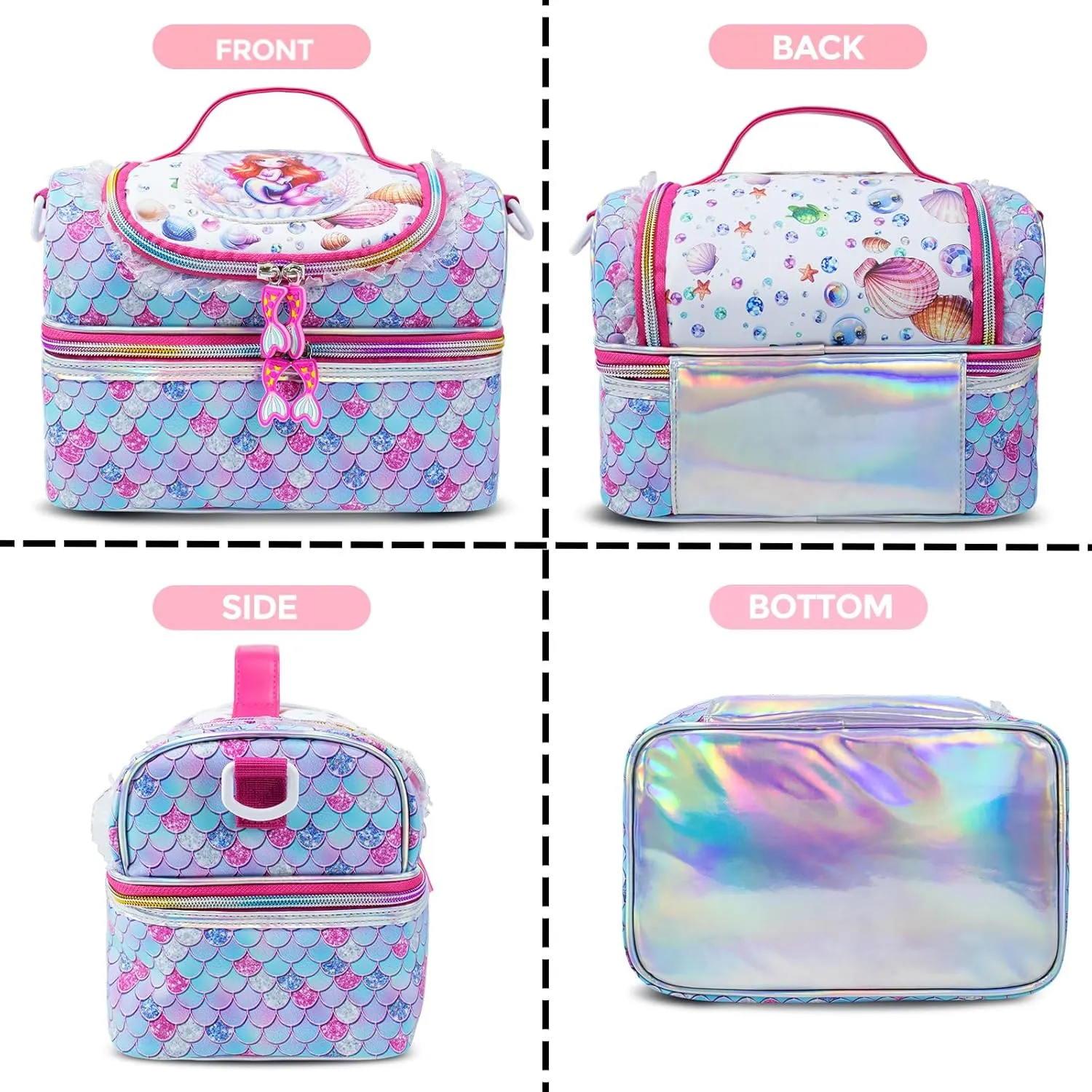 RLGPBON Kids Double Decker Cooler Insulated Lunch Bag, Lunch Box for Girls,Mermaid Lunch Bag Toddler Teen Girls,School Daycare Cute Travel bags