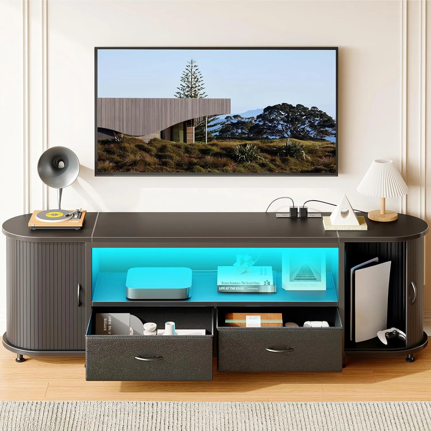Rolanstar TV Stand for 55 60 inch TV, Entertainment Center with Power Outlet and LED, 2 Fabric Drawers TV Console with 2 Cabinet, Open Shelf, Sliding Door, Media Console for Bedroom/Living Room