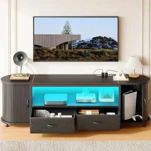 Rolanstar TV Stand for 55 60 inch TV, Entertainment Center with Power Outlet and LED, 2 Fabric Drawers TV Console with 2 Cabinet, Open Shelf, Sliding Door, Media Console for Bedroom/Living Room