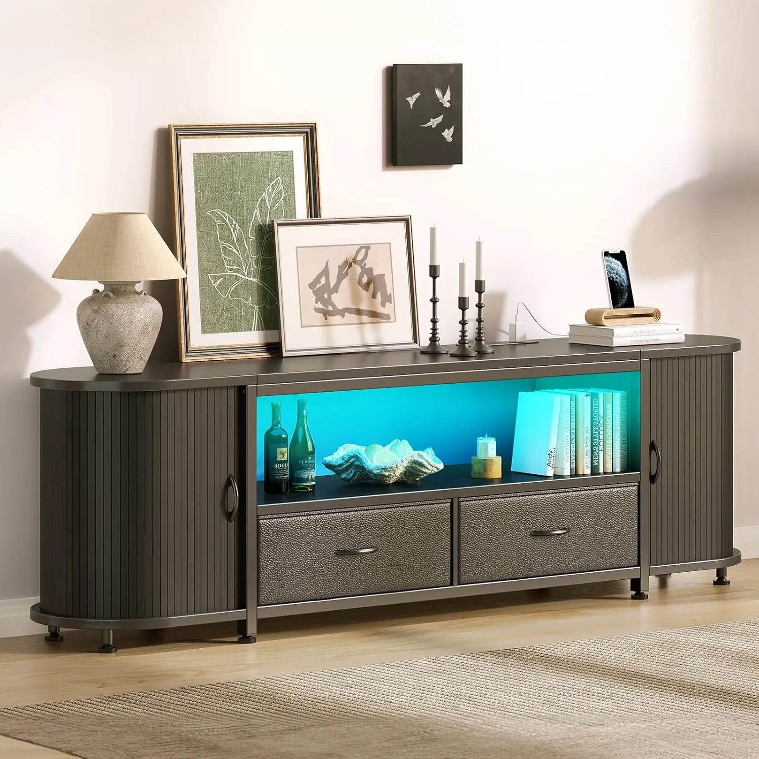 Rolanstar TV Stand for 55 60 inch TV, Entertainment Center with Power Outlet and LED, 2 Fabric Drawers TV Console with 2 Cabinet, Open Shelf, Sliding Door, Media Console for Bedroom/Living Room