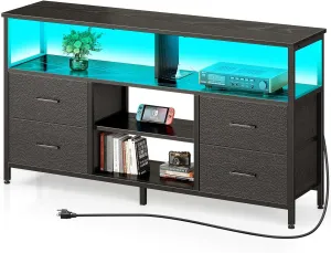 Rolanstar TV Stand with Power Outlets and LED Light, 4 Fabric Drawers Entertainment Center for 32/45/55/65 inch TVs, Media Console with Storage for Living Room or Bedroom, Black