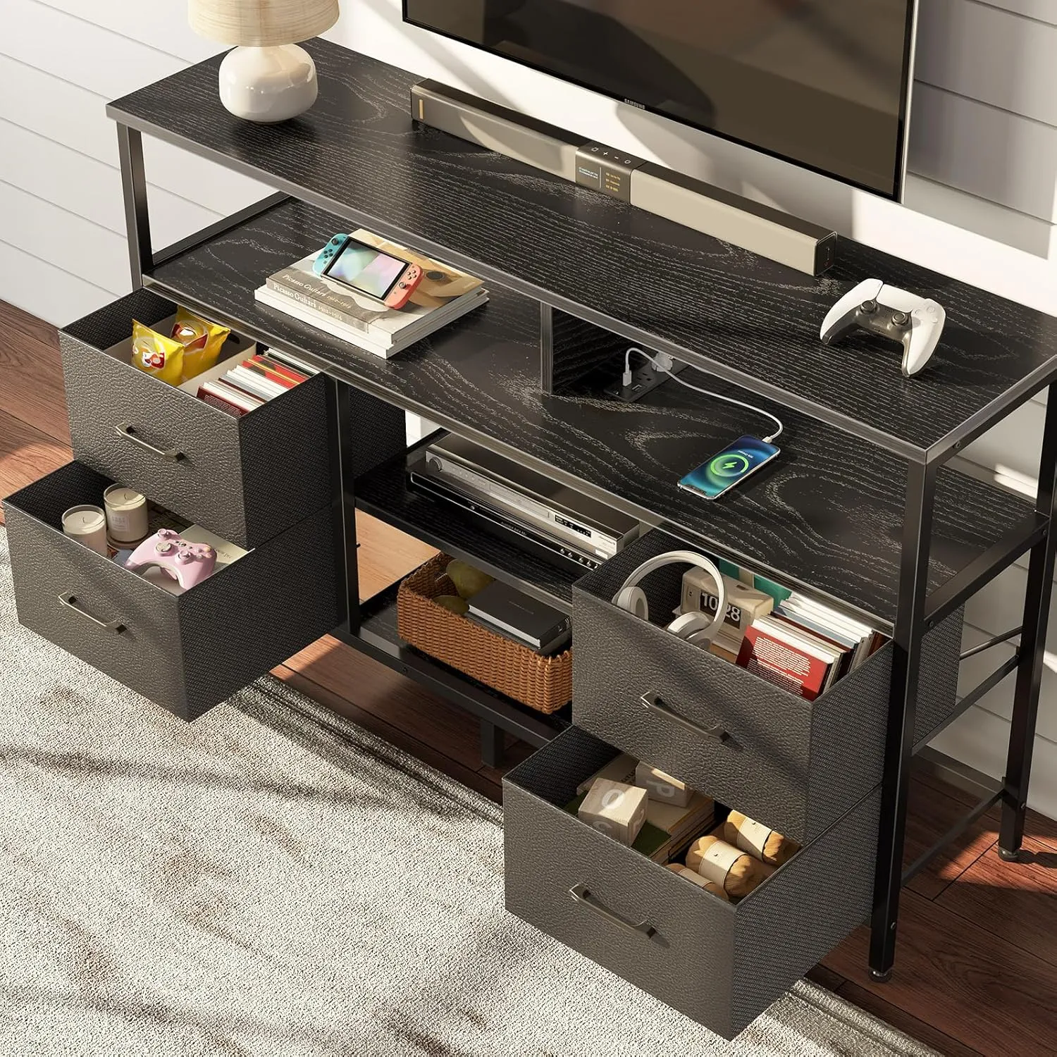 Rolanstar TV Stand with Power Outlets and LED Light, 4 Fabric Drawers Entertainment Center for 32/45/55/65 inch TVs, Media Console with Storage for Living Room or Bedroom, Black