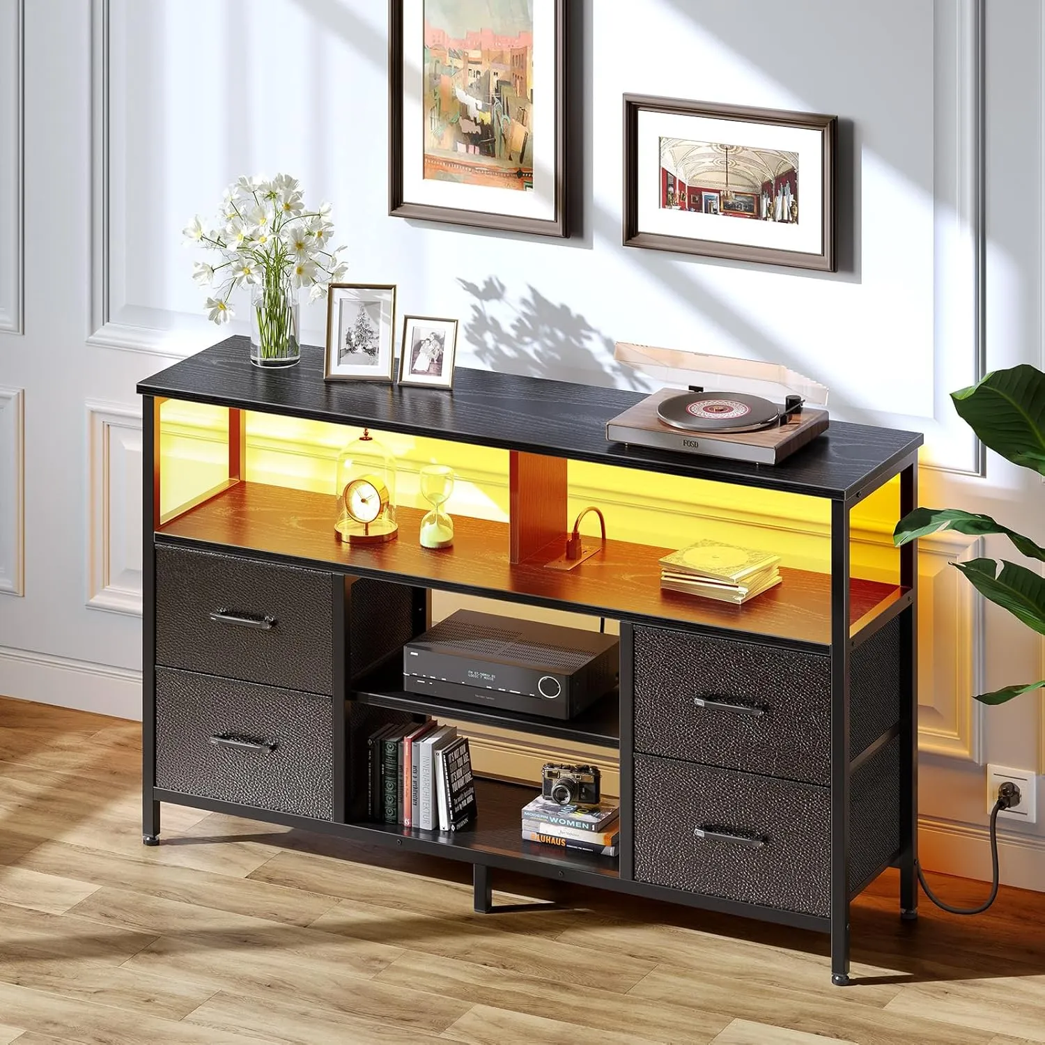Rolanstar TV Stand with Power Outlets and LED Light, 4 Fabric Drawers Entertainment Center for 32/45/55/65 inch TVs, Media Console with Storage for Living Room or Bedroom, Black