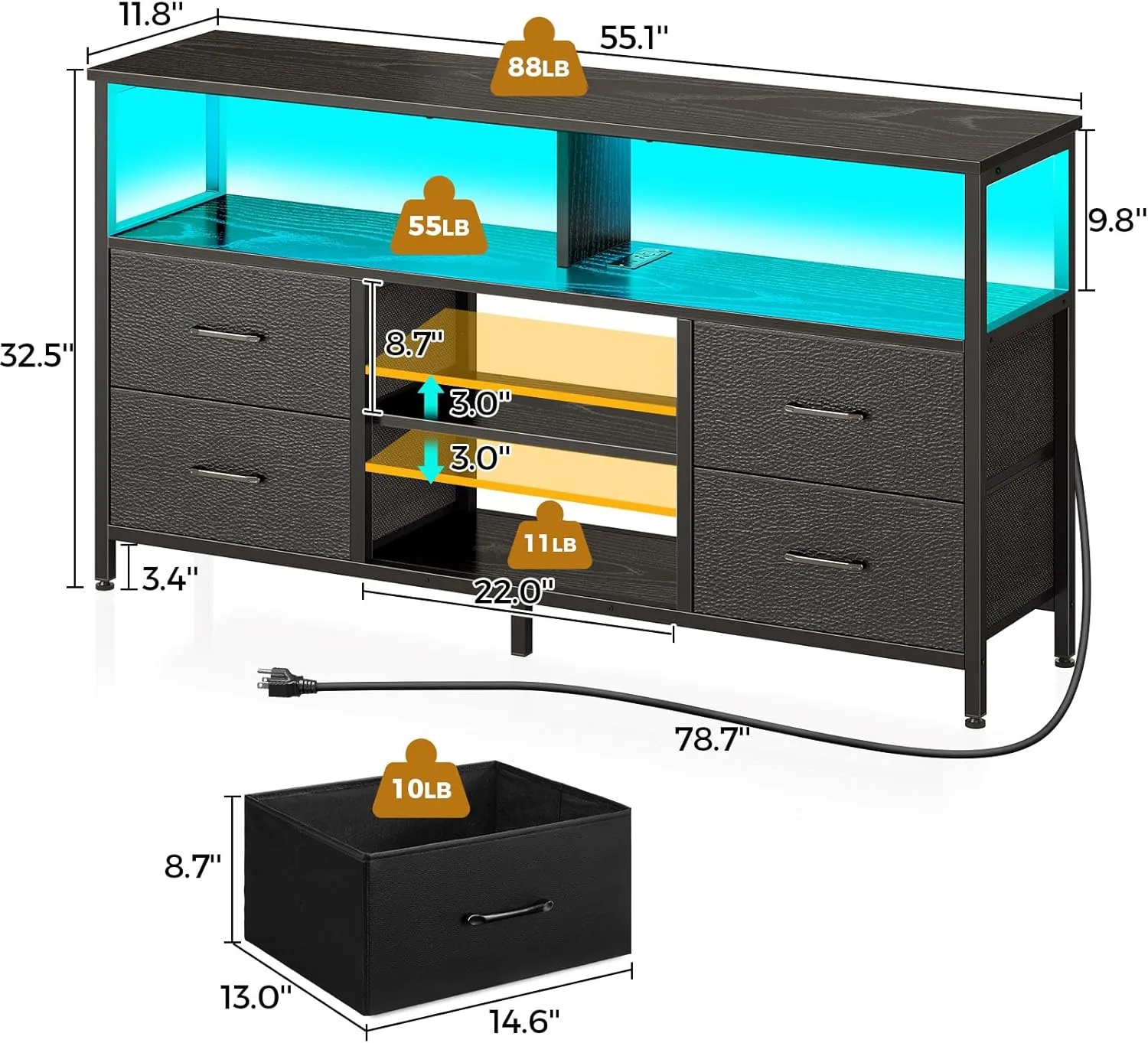 Rolanstar TV Stand with Power Outlets and LED Light, 4 Fabric Drawers Entertainment Center for 32/45/55/65 inch TVs, Media Console with Storage for Living Room or Bedroom, Black