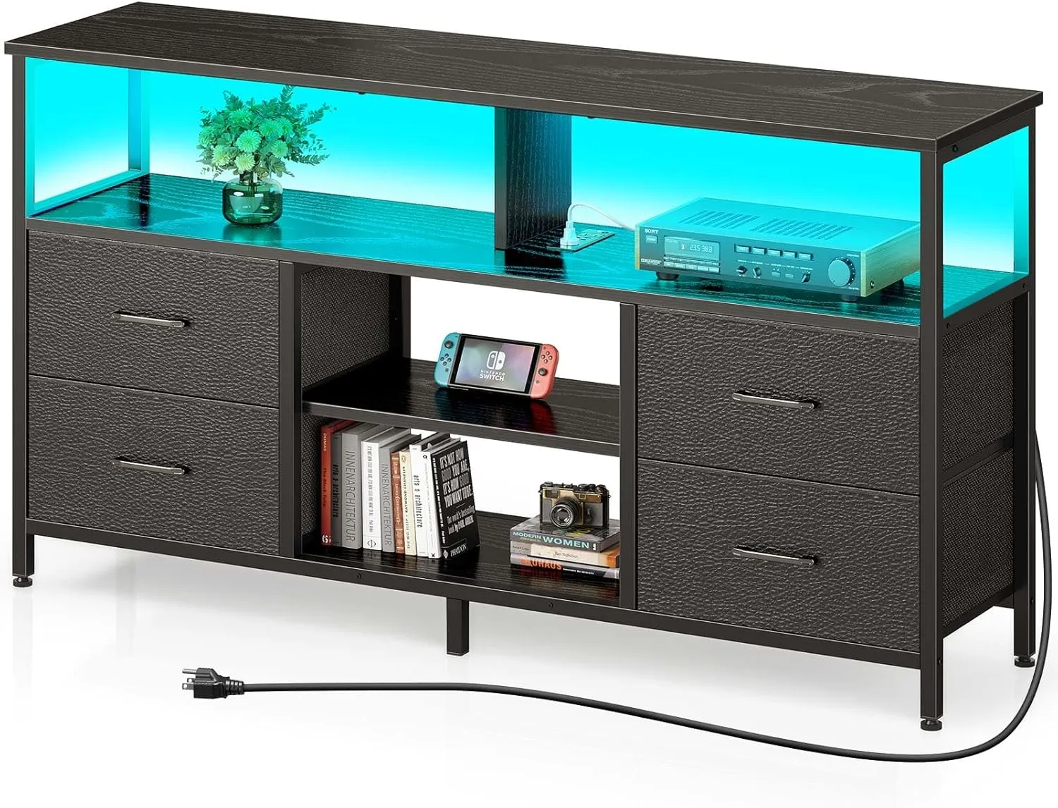 Rolanstar TV Stand with Power Outlets and LED Light, 4 Fabric Drawers Entertainment Center for 32/45/55/65 inch TVs, Media Console with Storage for Living Room or Bedroom, Black