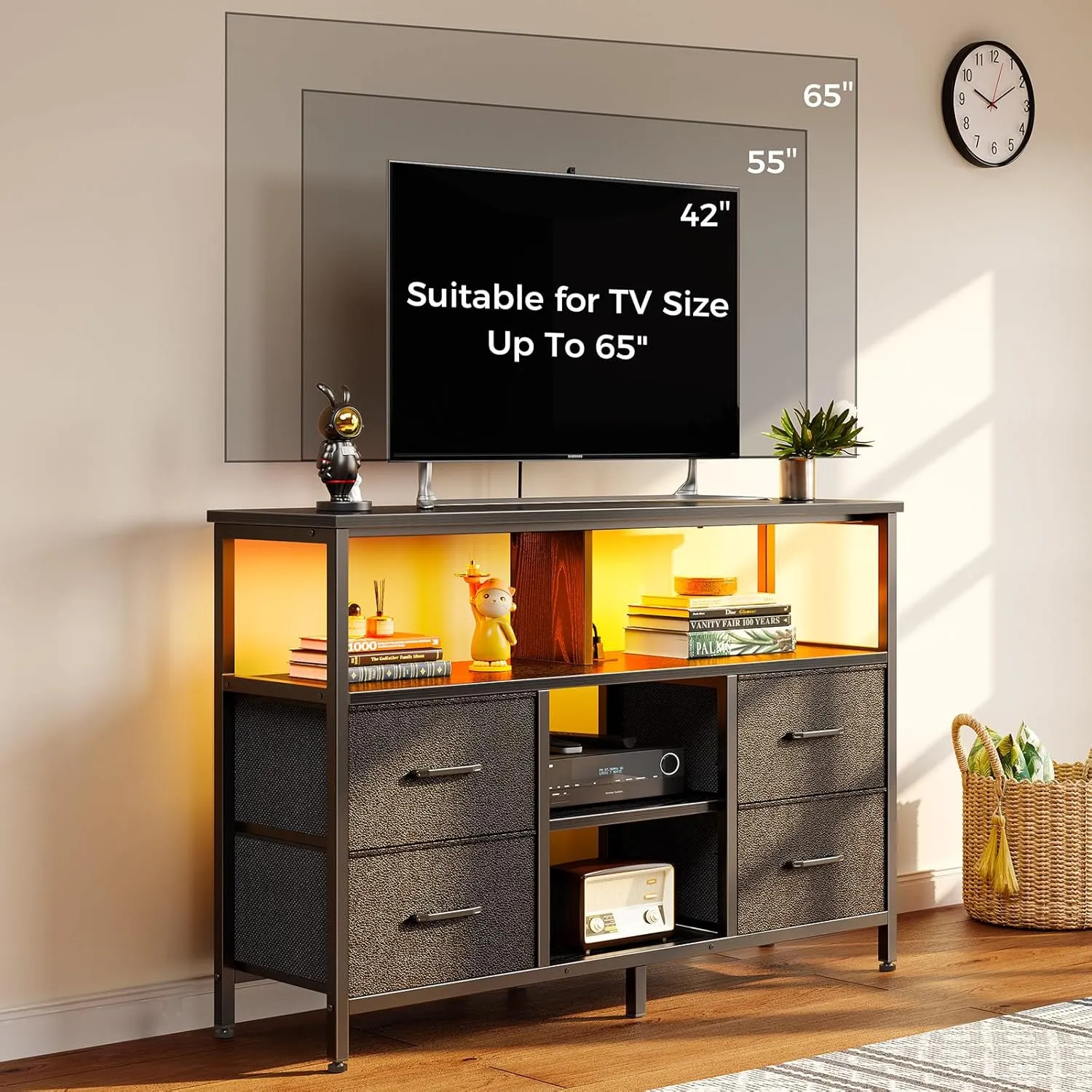 Rolanstar TV Stand with Power Outlets and LED Light, 4 Fabric Drawers Entertainment Center for 32/45/55/65 inch TVs, Media Console with Storage for Living Room or Bedroom, Black