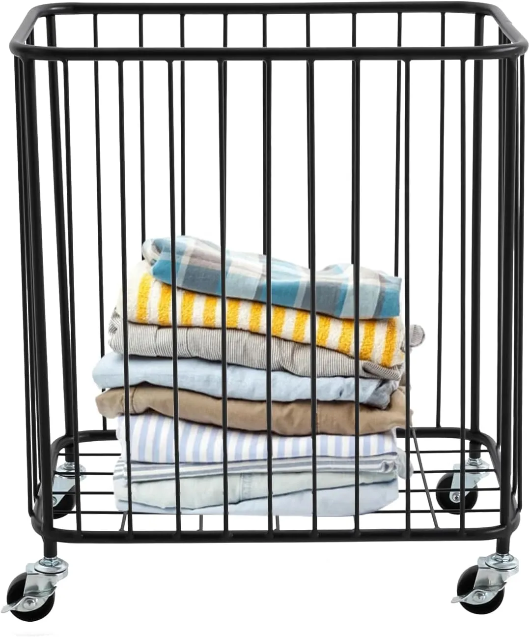 Rolling Laundry Hamper, Large-size Metal Laundry Basket Cart w/Wheels, Wheeled Clothing Hamper for Home, Hotel, Mall, Bathroom, Bedroom and Commercial Laundries (Black)